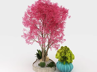Pink Arbor Tree With Vibrant Pink Blossoms Green Flower Bouquet And Small Plants 3d model