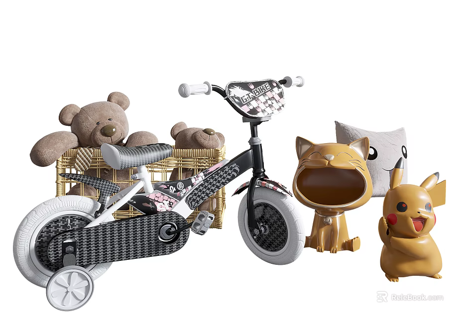 Cute Stuffed Dolls With Teddy Bear Cat Figure Pikachu And Bicycle Basket 3d model 