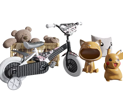 Cute Stuffed Dolls With Teddy Bear Cat Figure Pikachu And Bicycle Basket 3d model