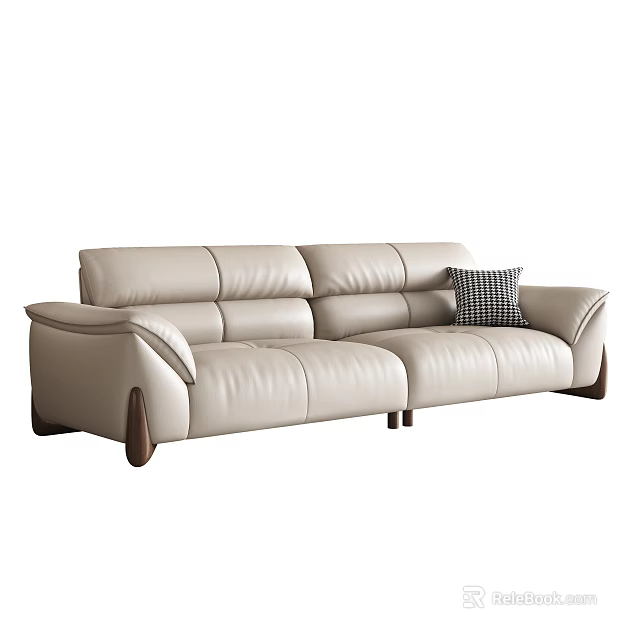 Modern Beige Two Seater Leather Sofa With Wooden Legs And Checkered Pillow 3d model 