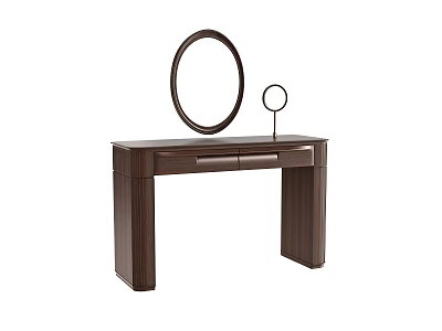Stylish Dark Brown Wooden Dressing Table Interior With Round Mirror Small Lamp And Drawers 3d model