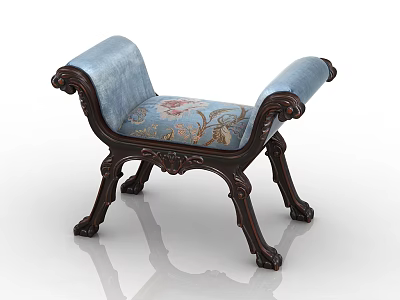 Classical Style Stool With Blue Upholstered Seat And Carved Wooden Legs 3d model