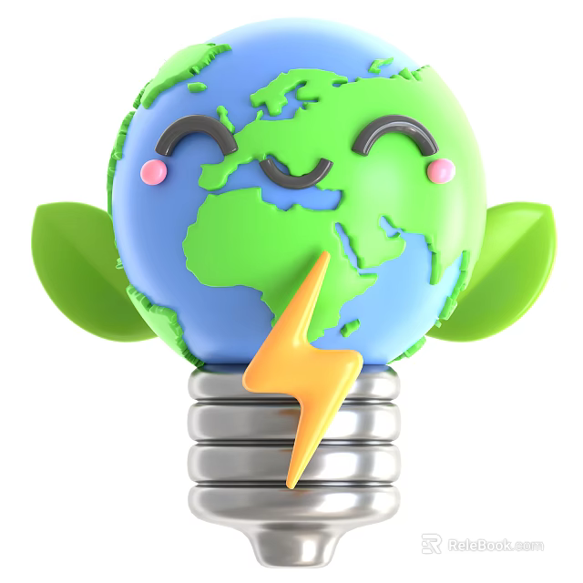 Cartoon Earth Decorative Ornament Set With Smiling Face Green Leaves Lightbulb Base And Lightning Symbol 3d model 