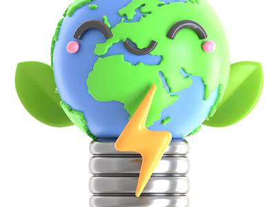 Cartoon Earth Decorative Ornament Set With Smiling Face Green Leaves Lightbulb Base And Lightning Symbol 3d model