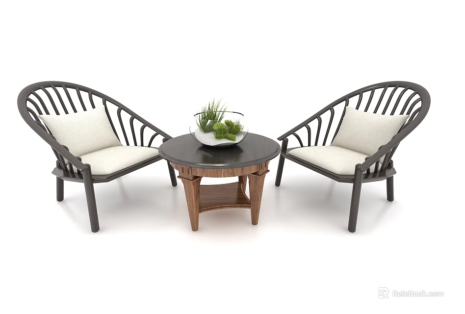 Leisure Sofa Set With Two Chairs Light Cushions Round Coffee Table And Green Plant 3d model 