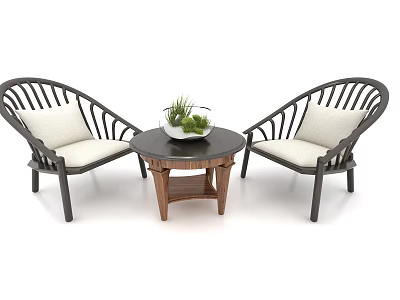 Leisure Sofa Set With Two Chairs Light Cushions Round Coffee Table And Green Plant 3d model