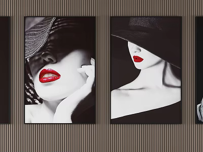 Black And White Portrait Paintings Featuring Women With Hats Red Lips Hanging On Wall 3d model