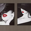 Black And White Portrait Paintings Featuring Women With Hats Red Lips Hanging On Wall