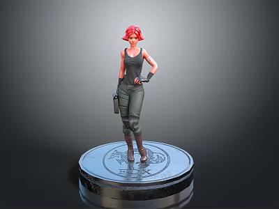 3D Character Model With Red Hair Tank Top Cargo Pants And Gun On Circular Base 3d model