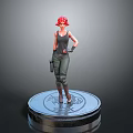 3D Character Model With Red Hair Tank Top Cargo Pants And Gun On Circular Base
