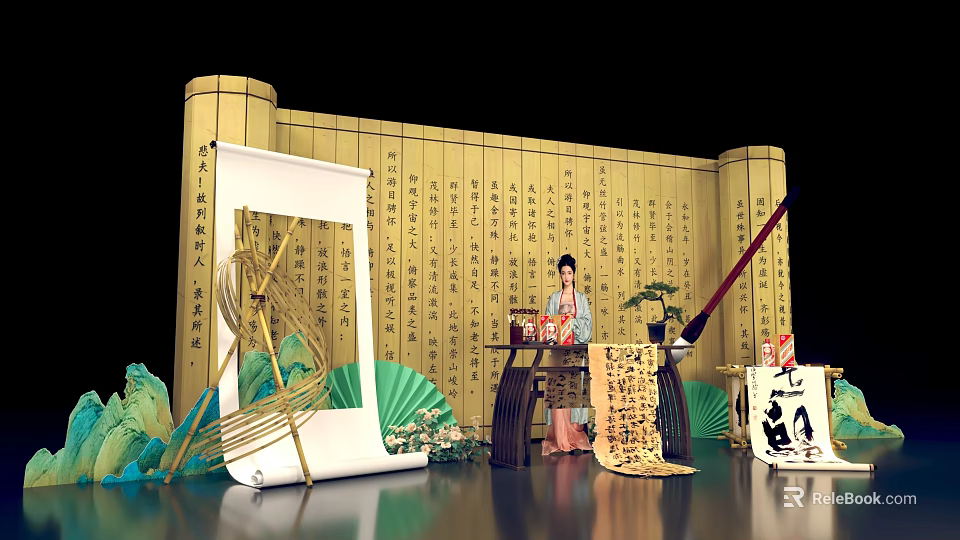 Traditional Chinese Culture Themed Photo Check-in Spot With Golden Scrolls Hanfu And Calligraphy 3d model 