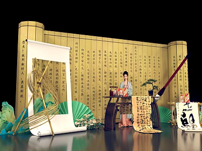 Traditional Chinese Culture Themed Photo Check-in Spot With Golden Scrolls Hanfu And Calligraphy 3d model