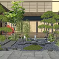 Traditional Japanese Courtyard Garden With Pruned Pine Trees Stone Lantern And Wooden Deck
