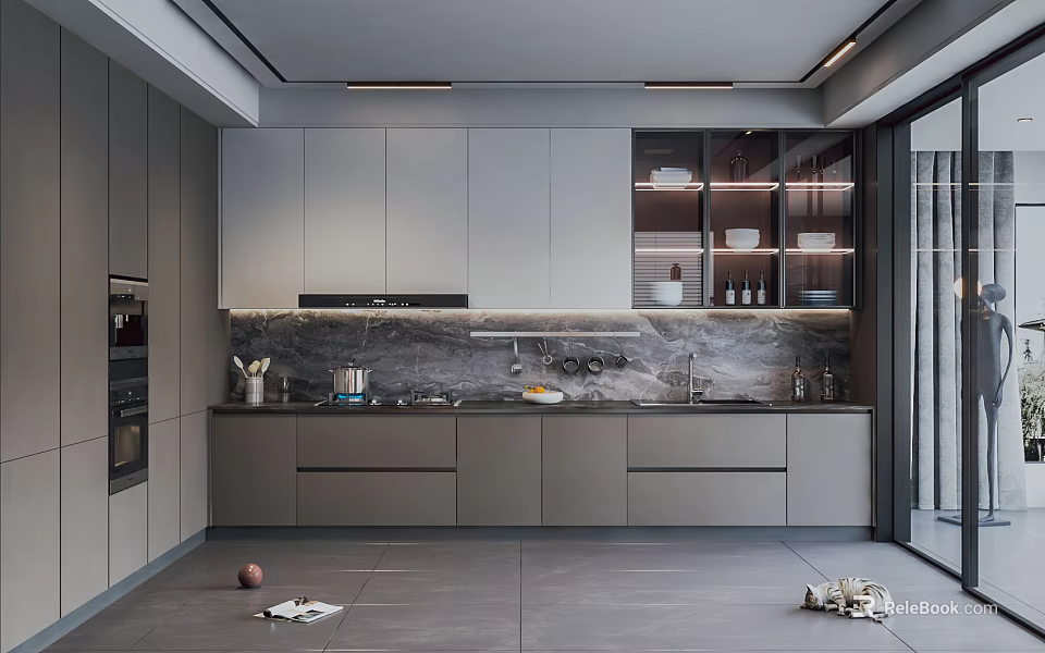 Modern Open Concept Kitchen Interior With Cabinets Island Counter And Appliances 3d model 