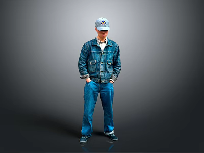 Stylish Men's Blue Denim Jacket And Pants Casual Outfit With Matching Cap 3d model