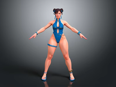 Stylish Blue Outfit With Double Buns Blue High Heels Arm Cuffs And Ankle Cuffs 3d model