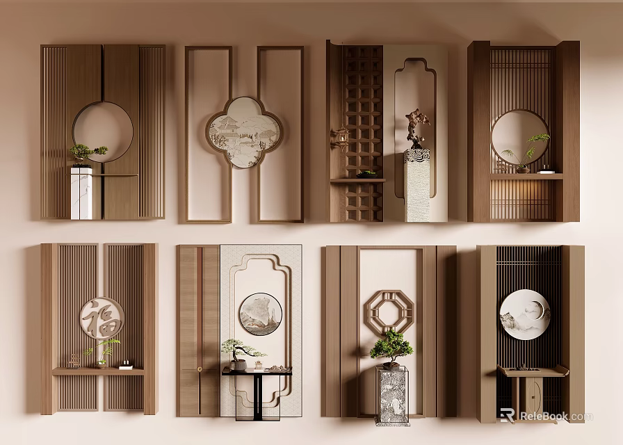 Chinese Style Wooden Partition Designs Featuring Circular Motifs Carved Patterns And Decorative Shelves 3d model 