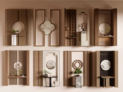 Chinese Style Wooden Partition Designs Featuring Circular Motifs Carved Patterns And Decorative Shelves 3d model