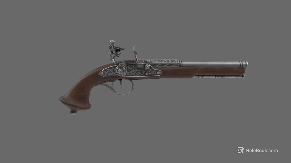 Vintage Weapon Antique Pistol With Wooden Grip Metal Components And Intricate Engravings 3d model 