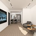 Modern Dining Room Interior With Marble Table And Gray Chairs TV Wall