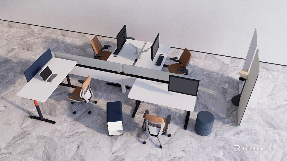 Modern Office Desk Layout Featuring Multiple Monitors Ergonomic Chairs And Workstations 3d model