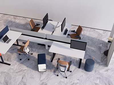Modern Office Desk Layout Featuring Multiple Monitors Ergonomic Chairs And Workstations 3d model