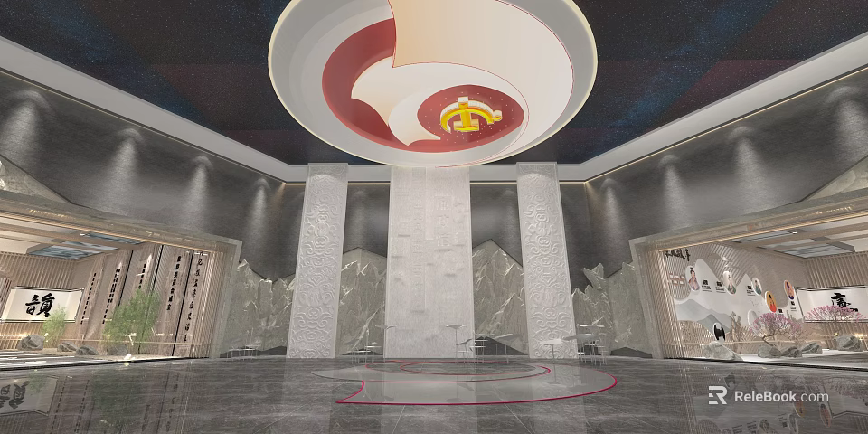 Grand Memorial Hall Interior With Marble Columns Ceiling Emblem And Red Floor Pattern 3d model