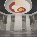 Grand Memorial Hall Interior With Marble Columns Ceiling Emblem And Red Floor Pattern 3d model