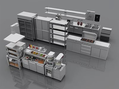 Modern Commercial Kitchen Appliances With Stainless Steel Ovens Refrigerators Workstations And Storage Units 3d model