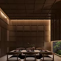 Traditional Japanese Private Dining Room With Wooden Ceiling Bamboo Screens And Long Table