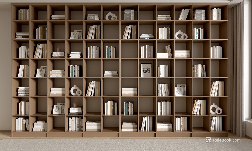 Wooden Bookshelf With Multiple Compartments Books And Decorative Ornaments 3d model 