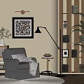 Modern Single Sofa Middle Ancient Casual Sofa Combination Side Decoration Painting Wall Lamp Floor Lamp Side Cabinet Bookshelf Carpet 3d model