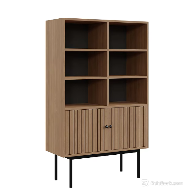 Wooden Bookcase With Open Shelves Slatted Cabinet Doors And Black Legs 3d model 