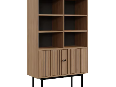 Wooden Bookcase With Open Shelves Slatted Cabinet Doors And Black Legs 3d model