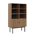 Wooden Bookcase With Open Shelves Slatted Cabinet Doors And Black Legs