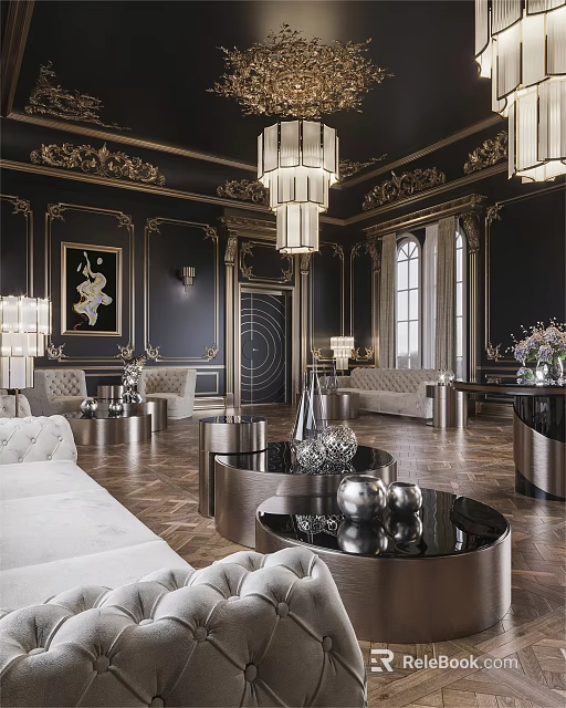Elegant Luxurious Living Room Interior With Gold Accents Chandeliers And Plush Sofas 3d model 