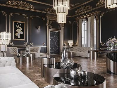Elegant Luxurious Living Room Interior With Gold Accents Chandeliers And Plush Sofas 3d model