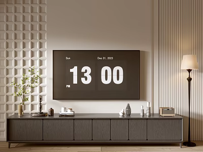 Modern TV Stand With Floor Lamp Green Plant Decorations and TV Displaying Time and Date 3d model