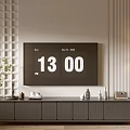 Modern TV Stand With Floor Lamp Green Plant Decorations and TV Displaying Time and Date