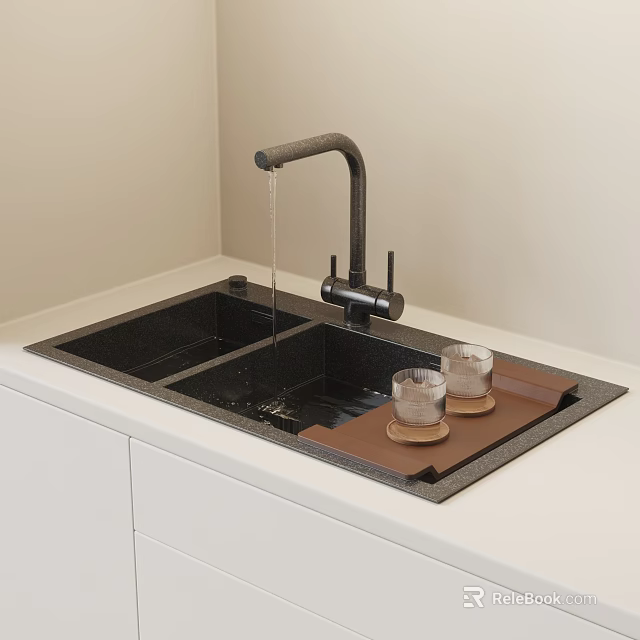 Black Double Bowl Kitchen Sink With Faucet On White Counter And Tray With Glass Cups 3d model 
