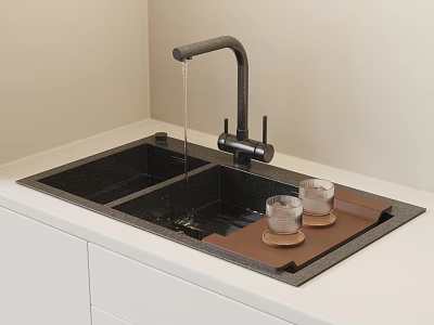 Black Double Bowl Kitchen Sink With Faucet On White Counter And Tray With Glass Cups 3d model