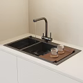 Black Double Bowl Kitchen Sink With Faucet On White Counter And Tray With Glass Cups