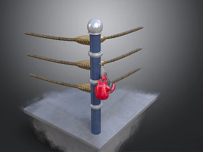 Boxing Equipment With Blue Pole Silver Top Yellow Ropes Red Glove And Gray Platform Base 3d model