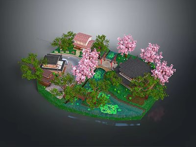 Vibrant Cartoon Scene With Cherry Blossom Trees Traditional Houses Small Bridge And Pond 3d model
