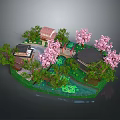 Vibrant Cartoon Scene With Cherry Blossom Trees Traditional Houses Small Bridge And Pond