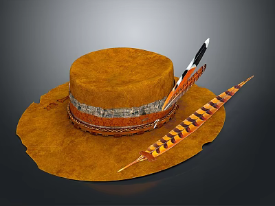 Decorative Brown Hat With Wide Brim Leather Silver Bands And Colorful Feather Accessories 3d model