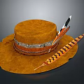 Decorative Brown Hat With Wide Brim Leather Silver Bands And Colorful Feather Accessories