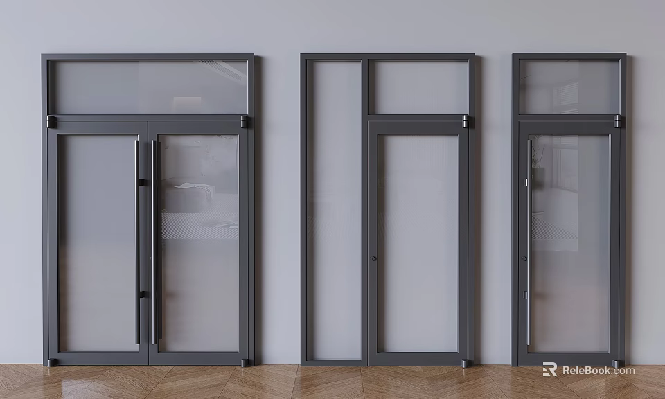 Contemporary Interior Swing Doors With Glass Panels And Dark Frames Design 3d model