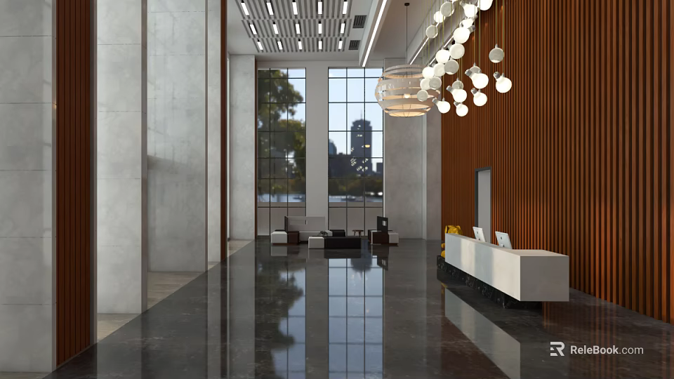Modern Lobby Reception Desk With Large Windows City View Chandelier Lighting And Wooden Wall Panel 3d model 