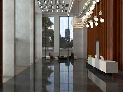 Modern Lobby Reception Desk With Large Windows City View Chandelier Lighting And Wooden Wall Panel 3d model